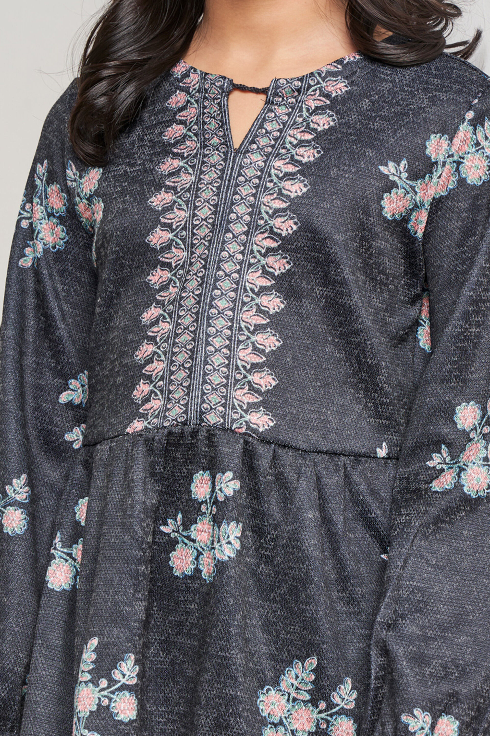 Grey Floral Keyhole Neck Dress, Grey, image 7